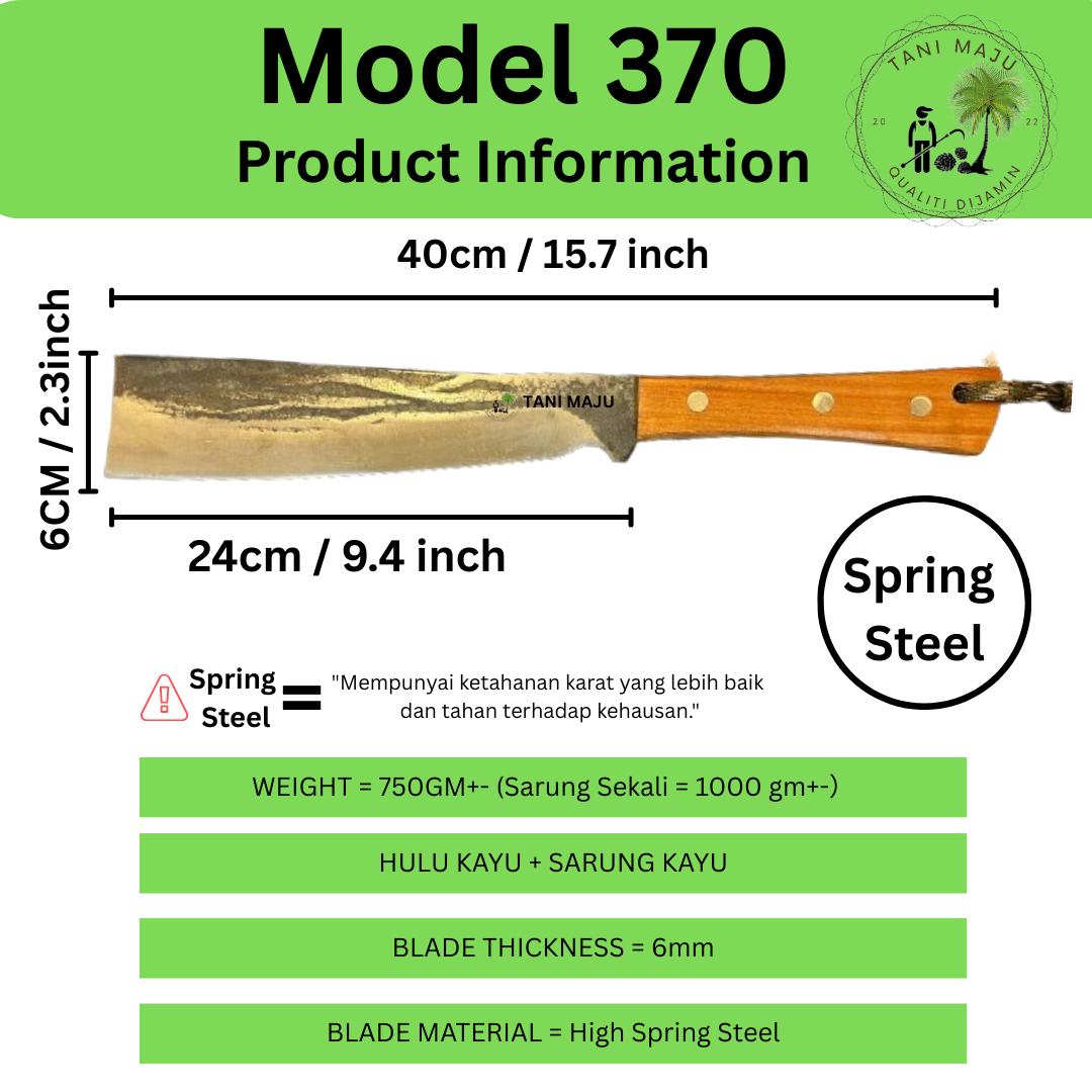 MODEL 370-371 / Pisau Tebas Tebal Keluli Spring Forged | Ketahanan Tinggi | Sarung Kayu Asli | Alat Pertanian & Aktiviti Luar