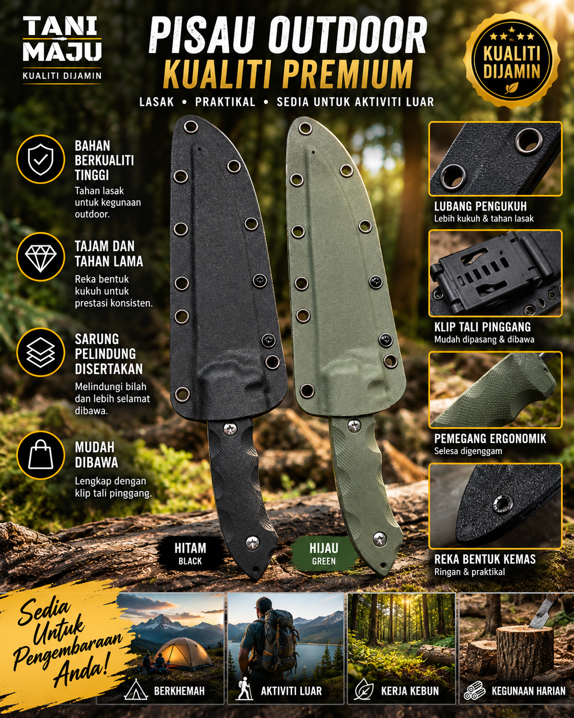 Model 588-589 / TANI MAJU Outdoor Utility Tool with Protective Sheath & Belt Clip | Black / Green