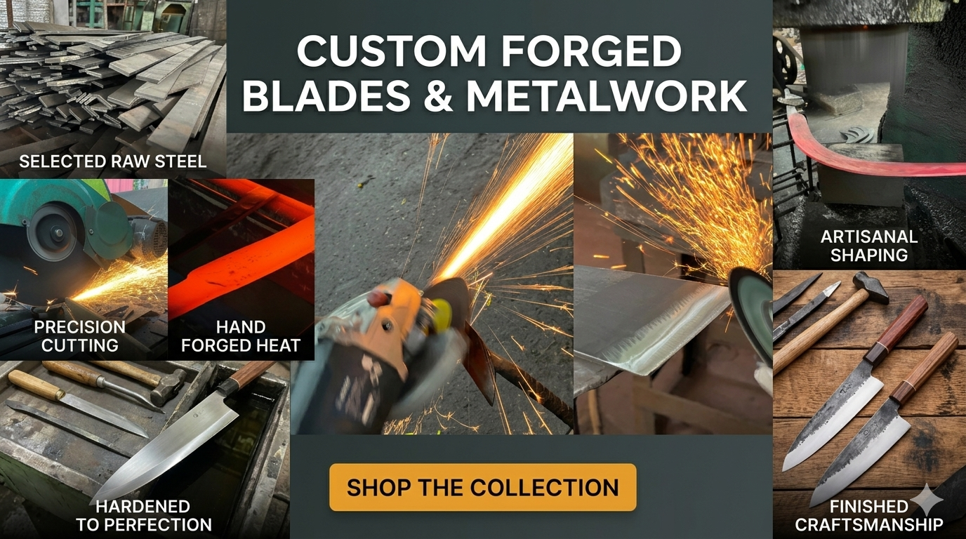 Collage of custom forged blades and metalwork processes with text and images.